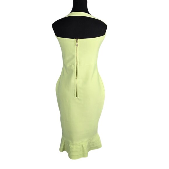 NWOT | Neon Lime Green Midi Sheath Dress Gold Zipper Ruffle Flounce Hem | XLarge - Picture 2 of 6